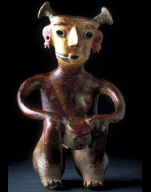 Ceramic male figure playing a drum - West Mexican Cultures