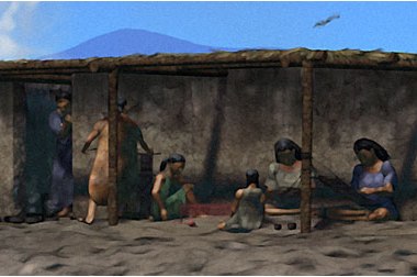 Computer generated image of women and girls making cloth