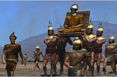 Computer generated image of a procession with a man in a carrying chair