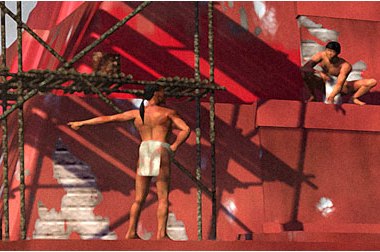 Computer generated image of men building a monumental pyramid