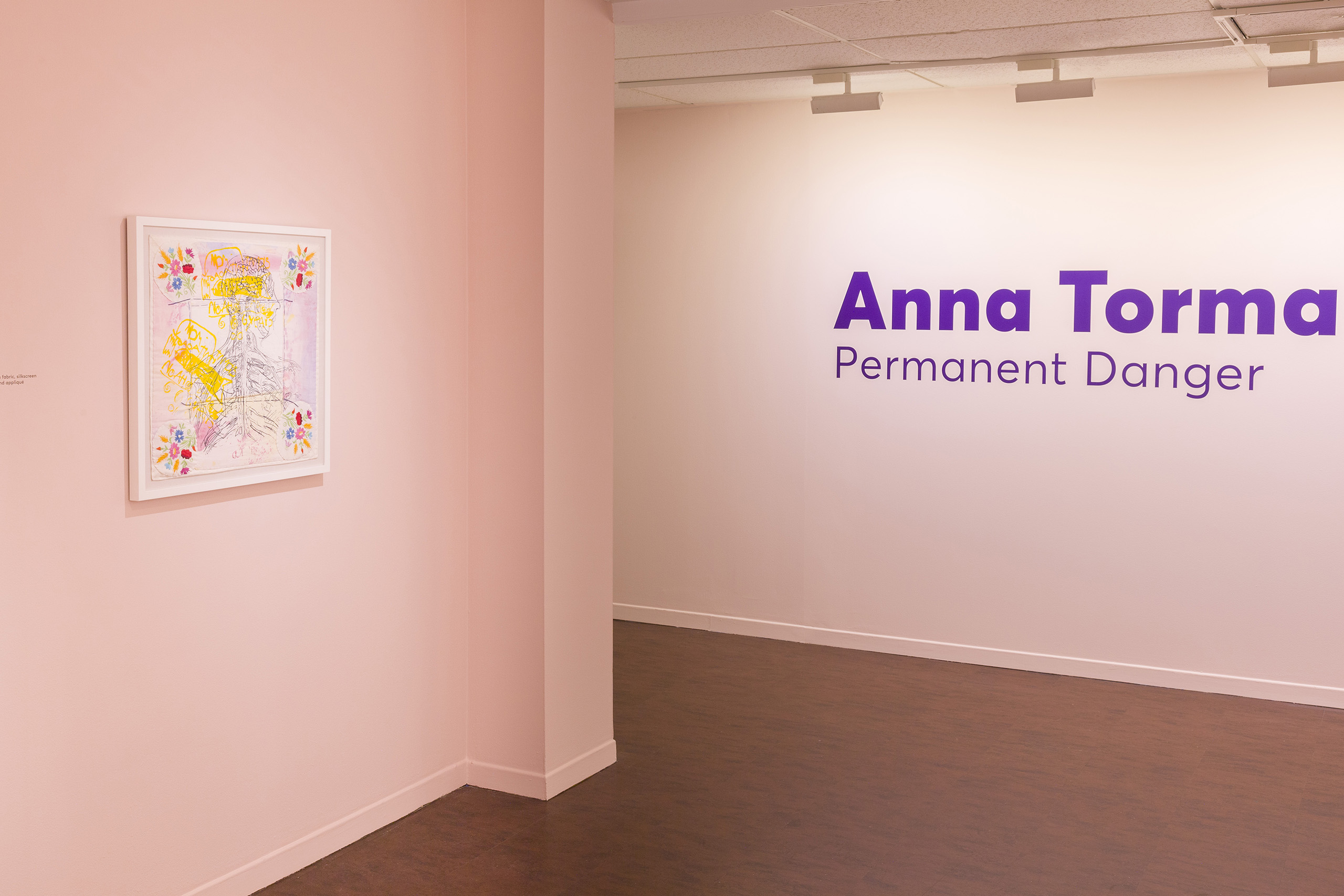 Entrance to the exhibition, pale pink walls with purple text and a framed embroidery