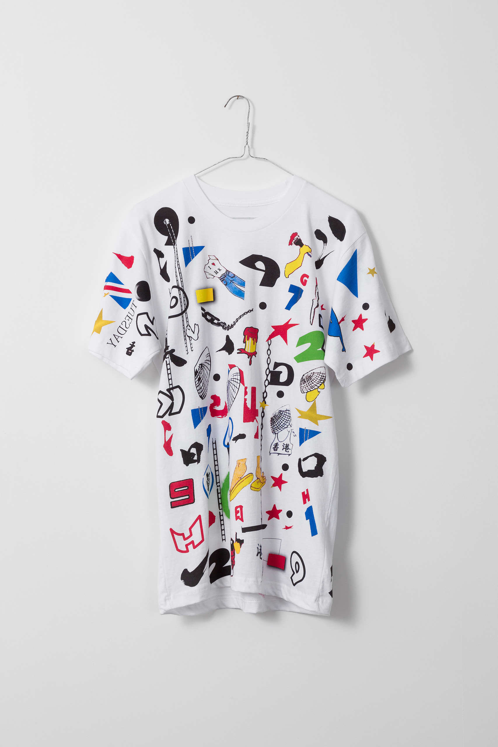 White t-shirt printed all over with letters, shapes, and parts of the original flag painter t-shirt design