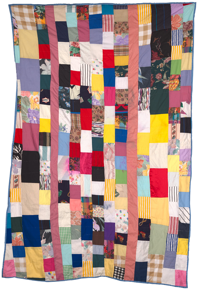 A multi-coloured strip-quilt top created in the 1970s by Edith Colley. This quilt is composed of many long rectangles of fabric pieced together, resembling kente cloth.